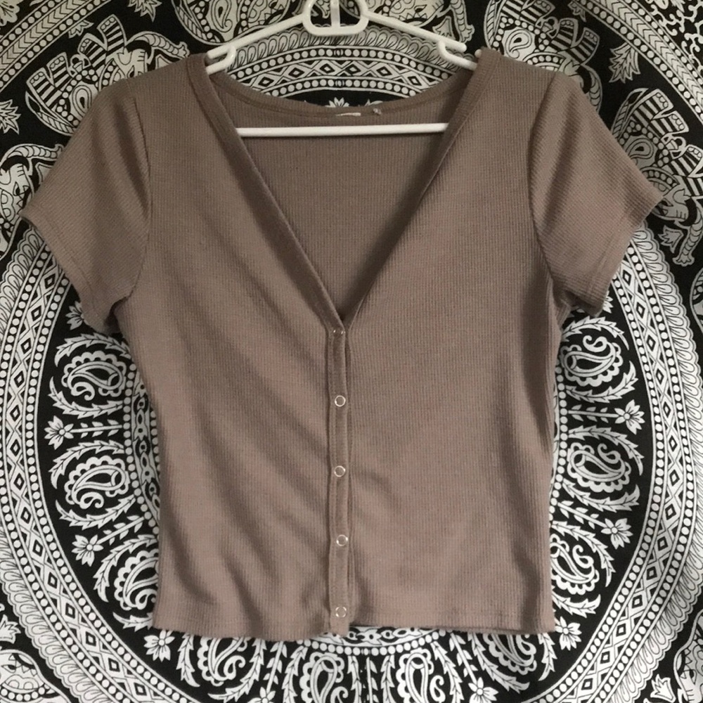 ribbed button down tan shirt